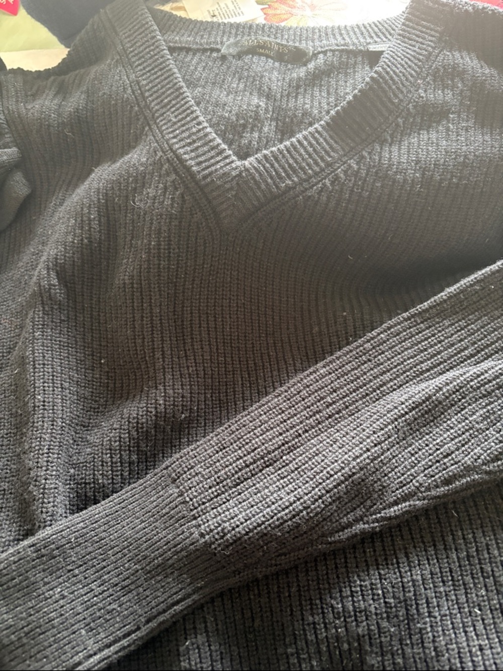 All Saints Women's Charcoal V-Neck Ribbed Sweater